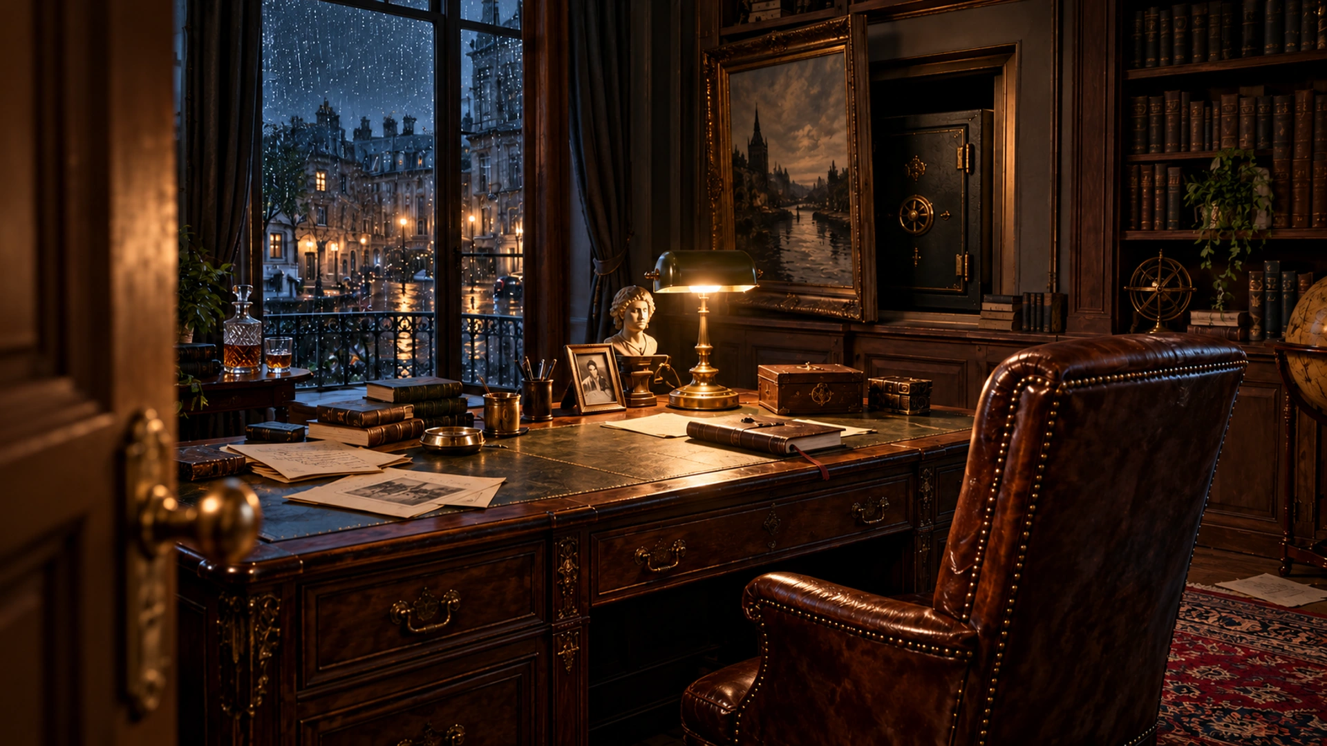 The rain-lit study