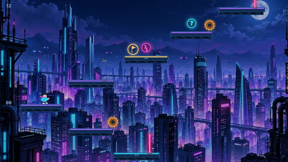 Neon rooftop platforms and the Dare Tower Rush runner